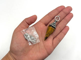 Yellow Tiger Eye Double Cap Pendulum with Silver Plate Chain 