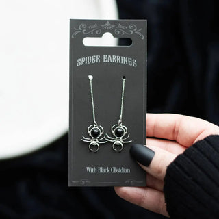 Gothic Black Obsidian Spider Threader Earrings 