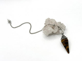 Yellow Tiger Eye Double Cap Pendulum with Silver Plate Chain 