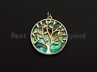 Abalone InlayTree Round Pendant/Charm, Gold Wire Tree Cubic Zirconia Pendant, Abalone Charm, 22x24mm,Sku#Z892