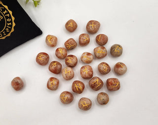 Sunstone Semi-Precious Gemstone Rune Sets + Velvet Pouch 