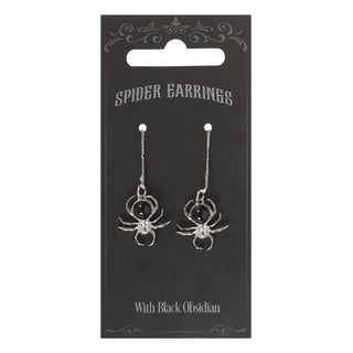 Gothic Black Obsidian Spider Threader Earrings 