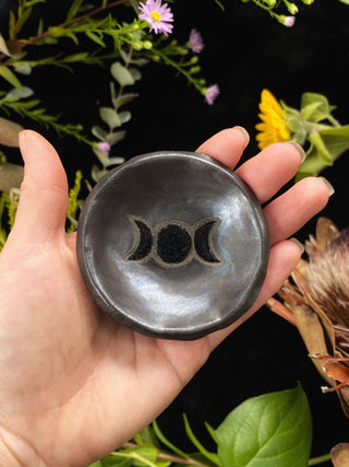 Dark Luster Triple Moon Stoneware Offering Dish