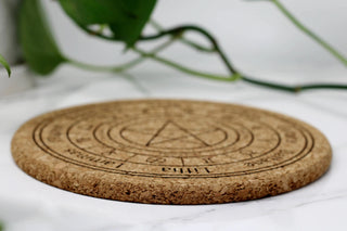 Wheel of the year engraved cork trivet 