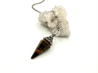 Yellow Tiger Eye Double Cap Pendulum with Silver Plate Chain 