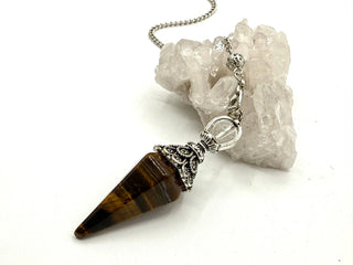 Yellow Tiger Eye Double Cap Pendulum with Silver Plate Chain 
