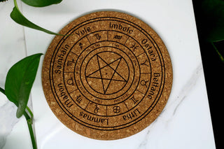 Wheel of the year engraved cork trivet 